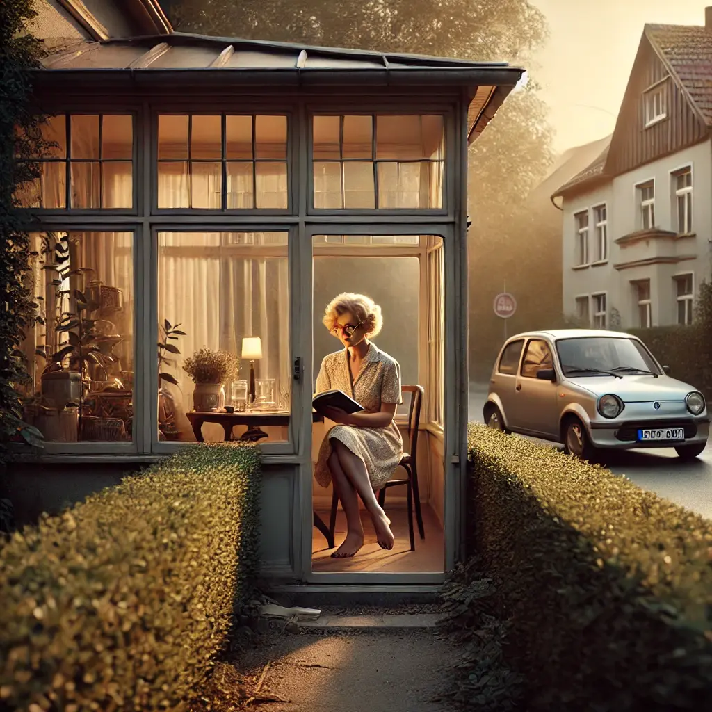 Vor Claras Haus ruhige Straße, Vorgarten mit Fliederbusch, helles Abendlicht